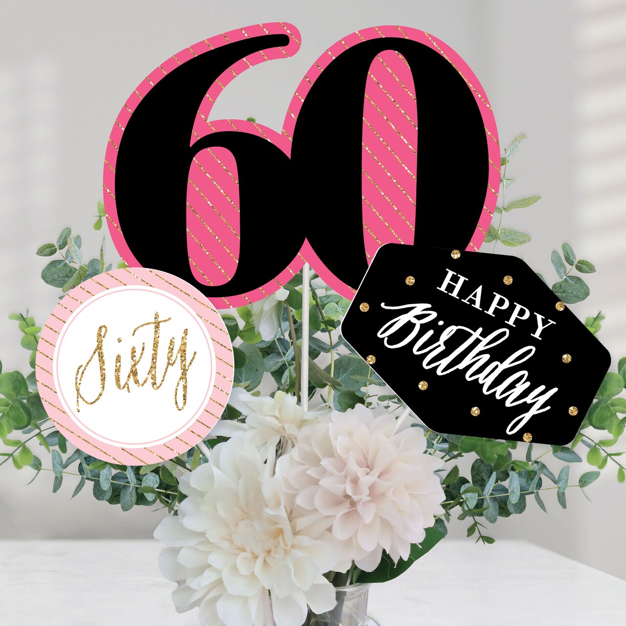 Big Dot of Happiness Chic 60th Birthday - Pink, Black and Gold - Birthday Party Centerpiece Sticks - Table Toppers - Set of 15